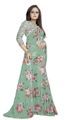 Dark Grayish Cyan - Lime Green Color Digital Printed Georgette Saree With Blouse 2