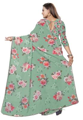 Dark Grayish Cyan - Lime Green Color Digital Printed Georgette Saree With Blouse 3