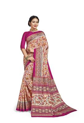 Pink printed tussar silk saree with blouse 1
