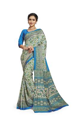 Blue printed tussar silk saree with blouse 1