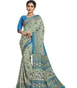 Blue printed tussar silk saree with blouse