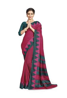 Red printed tussar silk saree with blouse 1