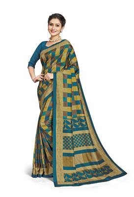 Green printed tussar silk saree with blouse 1