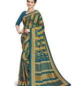 Green printed tussar silk saree with blouse