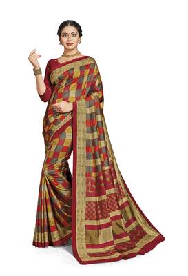 Red printed tussar silk saree with blouse 1