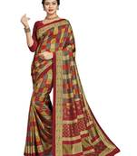 Red printed tussar silk saree with blouse