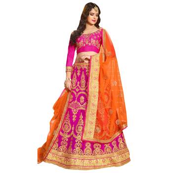Pink Embroidered Net Semi Stitched Lehenga 1