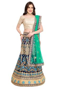 Blue Embroidered Net Semi Stitched Lehenga