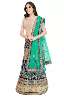 Blue Embroidered Net Semi Stitched Lehenga