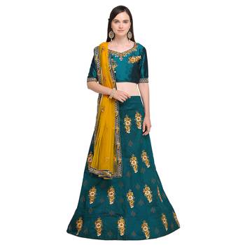 Sea-Green Embroidered Velvet Semi Stitched Lehenga 1