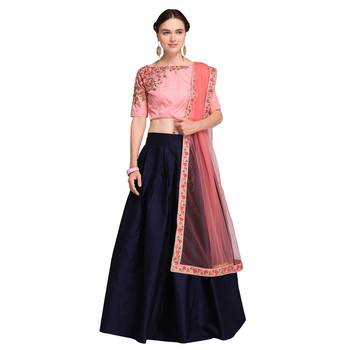 Blue Embroidered Satin Semi Stitched Lehenga 1