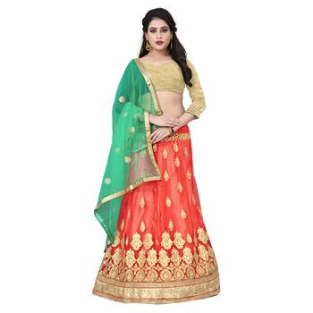 Pink Embroidered Net Semi Stitched Lehenga 1