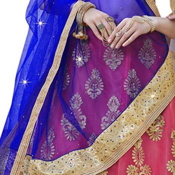 Pink Embroidered Net Semi Stitched Lehenga 4