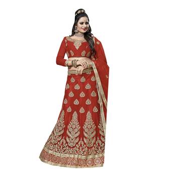 Red Embroidered Net Semi Stitched Lehenga 1