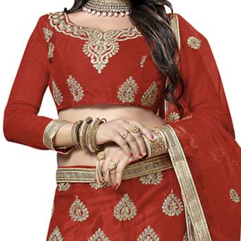 Red Embroidered Net Semi Stitched Lehenga 2