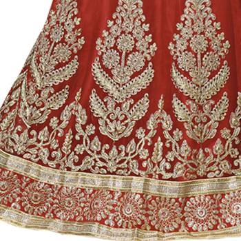 Red Embroidered Net Semi Stitched Lehenga 3