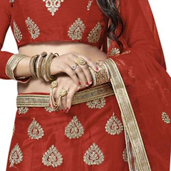 Red Embroidered Net Semi Stitched Lehenga 4