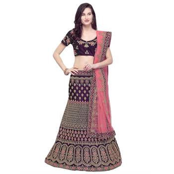 Purple Embroidered Velvet Semi Stitched Lehenga 1