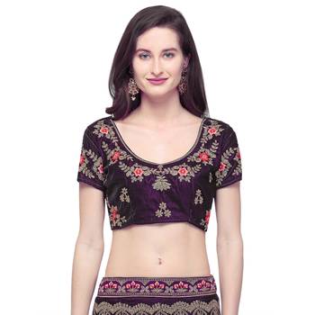 Purple Embroidered Velvet Semi Stitched Lehenga 3
