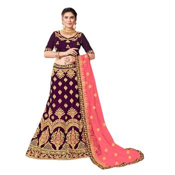 Purple Embroidered Velvet Semi Stitched Lehenga 1