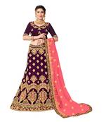 Purple Embroidered Velvet Semi Stitched Lehenga
