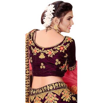 Purple Embroidered Velvet Semi Stitched Lehenga 2