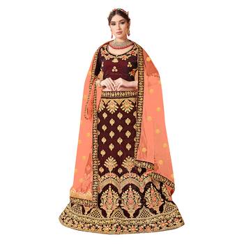 Maroon Embroidered Velvet Semi Stitched Lehenga 1