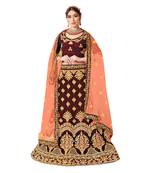Maroon Embroidered Velvet Semi Stitched Lehenga