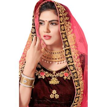 Maroon Embroidered Velvet Semi Stitched Lehenga 2