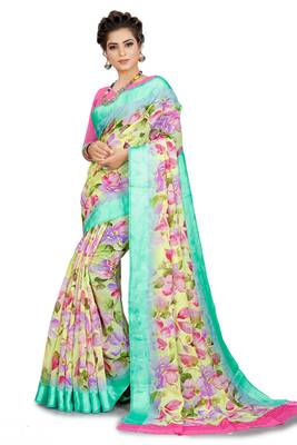 Yellow printed linen saree with blouse 1