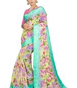 Yellow printed linen saree with blouse