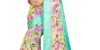 Yellow printed linen saree with blouse 2