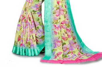 Yellow printed linen saree with blouse 3