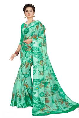 Green printed linen saree with blouse 1