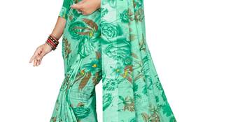 Green printed linen saree with blouse 2