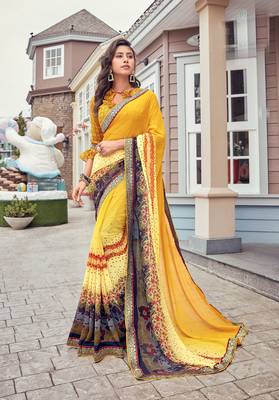Yellow Printed Georgette Saree With Blouse 1