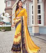 Yellow Printed Georgette Saree With Blouse