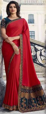 Red plain silk saree with blouse 1