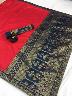 Red plain silk saree with blouse 2