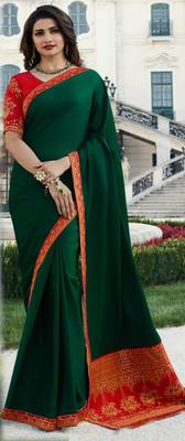 Green plain silk saree with blouse 1