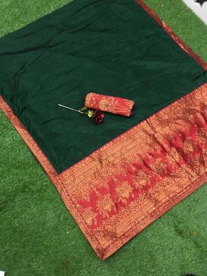 Green plain silk saree with blouse 2