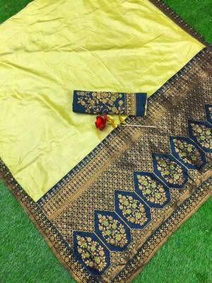 Yellow plain silk saree with blouse 2