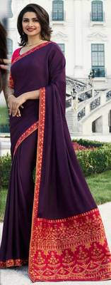 Purple plain silk saree with blouse 1
