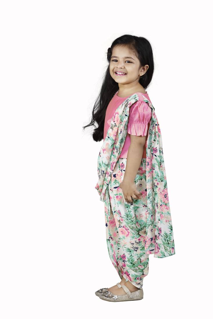Peach Choli with Multicolour Dhoti Saree Set for girls