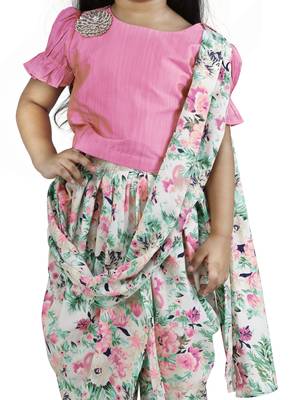 Peach Choli with Multicolour Dhoti Saree Set for girls 4