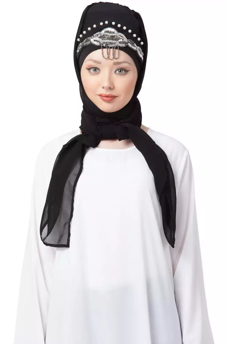 Black Embroidered Georgette Hijab