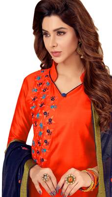 Blissta Women's Ornage Silk Blend Embroidered Dress Material With Beads Work & Thread Work Dupatta 2