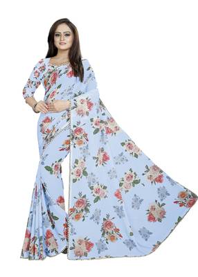 Light Grayish Blue Color Digital Printed Georgette Saree With Matching Blouse 1