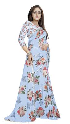 Light Grayish Blue Color Digital Printed Georgette Saree With Matching Blouse 2