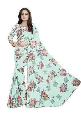 Light Grayish Cyan - Lime Green Color Digital Printed Georgette Saree With Matching Blouse 1